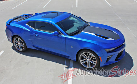 Detailed view of 2016-2018 Chevy Camaro 50th Anniversary Heritage Indy 500 Style Center Wide Hood Trunk Spoiler Rally Racing 3M Stripes Kit fits SS RS V6