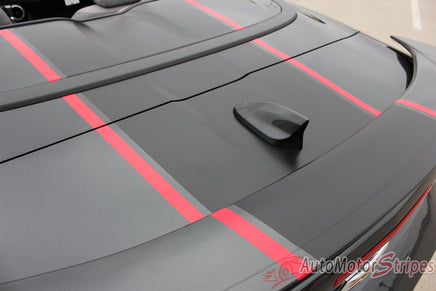 Detailed view of 2016-2018 Chevy Camaro Convertible 50th Anniversary Heritage Indy 500 Style Center Wide Hood Trunk Spoiler Rally Racing 3M Stripes Kit fits SS RS V6 - Trunk Spoiler Rear View