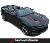 Detailed view of 2016-2018 Chevy Camaro Convertible 50th Anniversary Heritage Indy 500 Style Center Wide Hood Trunk Spoiler Rally Racing 3M Stripes Kit fits SS RS V6