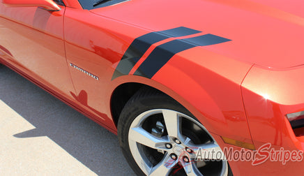 2010-2013 and 2014-2015 Chevy Camaro Hash Marks Double Bar Lemans Hood Fender Vinyl Graphics - Close Up View