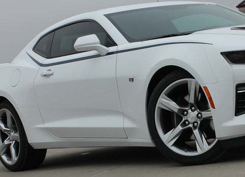 Detailed view of 2016-2018 Chevy Camaro Pike Upper Side Door to Fender Accent Vinyl Stripes Decal Graphic Kit fits SS and RS Models