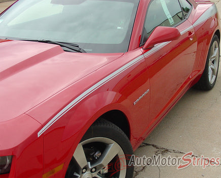 2010-2013 and 2014-2015 Chevy Camaro Legacy Yenko Style Side 3M Vinyl Graphics Stripes Kit - Driver Front View Up Close 