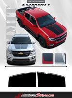 Detailed view of 2015-2022 Chevy Colorado SUMMIT Split Hood Factory OEM Style Truck Racing Stripe Vinyl Graphics 3M Stripes Kit