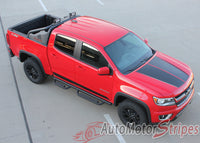 Detailed view of 2015-2022 Chevy Colorado SUMMIT Split Hood Factory OEM Style Truck Racing Stripe Vinyl Graphics 3M Stripes Kit
