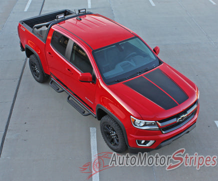 Detailed view of 2015-2022 Chevy Colorado SUMMIT Split Hood Factory OEM Style Truck Racing Stripe Vinyl Graphics 3M Stripes Kit