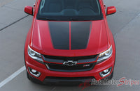 Detailed view of 2015-2022 Chevy Colorado SUMMIT Split Hood Factory OEM Style Truck Racing Stripe Vinyl Graphics 3M Stripes Kit