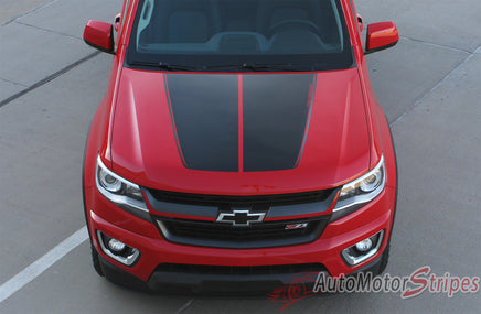 Detailed view of 2015-2022 Chevy Colorado SUMMIT Split Hood Factory OEM Style Truck Racing Stripe Vinyl Graphics 3M Stripes Kit