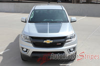 Detailed view of 2015-2022 Chevy Colorado SUMMIT Split Hood Factory OEM Style Truck Racing Stripe Vinyl Graphics 3M Stripes Kit