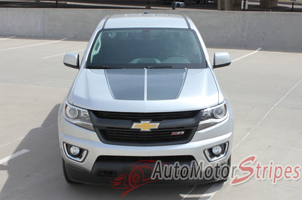 Detailed view of 2015-2022 Chevy Colorado SUMMIT Split Hood Factory OEM Style Truck Racing Stripe Vinyl Graphics 3M Stripes Kit