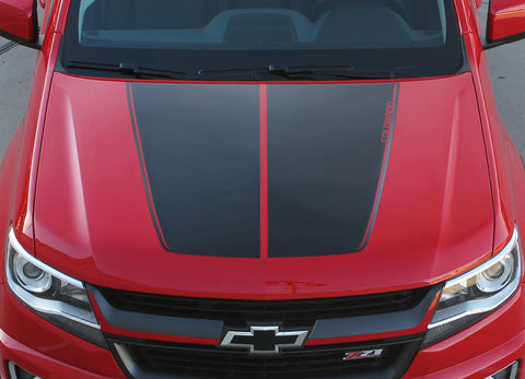 Detailed view of 2015-2022 Chevy Colorado SUMMIT Split Hood Factory OEM Style Truck Racing Stripe Vinyl Graphics 3M Stripes Kit