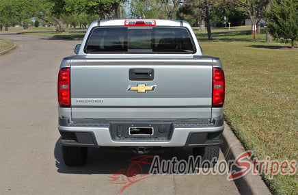 Detailed view of 2015-2020 Chevy Colorado GRAND Rear Tailgate Blackout Accent Vinyl Graphics 3M Stripes Kit