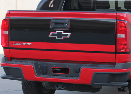 Detailed view of 2015-2020 Chevy Colorado GRAND Rear Tailgate Blackout Accent Vinyl Graphics 3M Stripes Kit