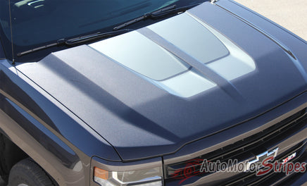 2016-2017 Chevy Silverado 1500 Chase Rally Edition Style Truck Hood Racing Vinyl Graphics - Hood View Charcoal Metallic on Dark Charcoal Paint