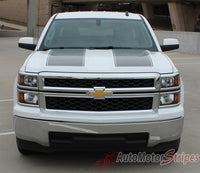 2014-2015 Chevy Silverado 1500 Rally Edition Style Truck Racing Vinyl Graphics 3M Stripes Kit - Hood View Dark Charcoal on White Paint