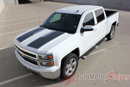 2014-2015 Chevy Silverado 1500 Rally Plus Edition Style Truck Racing Vinyl Graphics - Front Hood View Charcoal Metallic on White Paint