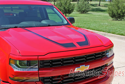2016-2017 Chevy Silverado Flow Special Edition Rally Style Truck Hood Racing Stripes Side Door Vinyl Graphics Package - Front Hood From Side View