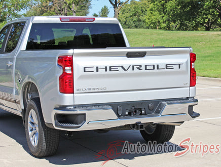 Detailed view of 2019-2026 Chevy Silverado Name Insert Decal Letters for Rear Tailgate 3M Vinyl Graphics Kit