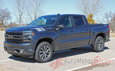 Detailed view of 2019-2026 Chevy Silverado Fender Stripes Hood Decals 1500 HASH MARKS Stripe 3M Vinyl Graphics Kit