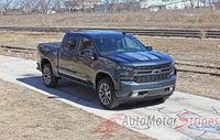 Detailed view of 2019-2026 Chevy Silverado Hood Stripes Hood and Tailgate Decal BOW RALLY Stripes 3M Vinyl Graphics Kit