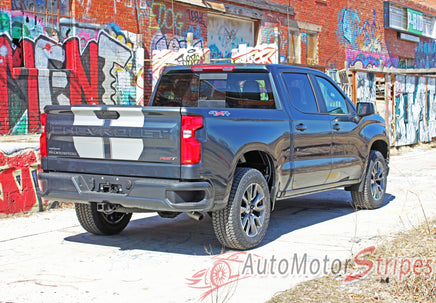 Detailed view of 2019-2026 Chevy Silverado Hood Stripes Hood and Tailgate Decal BOW RALLY Stripes 3M Vinyl Graphics Kit