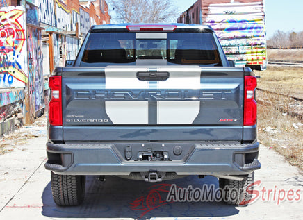 Detailed view of 2019-2026 Chevy Silverado Hood Stripes Hood and Tailgate Decal BOW RALLY Stripes 3M Vinyl Graphics Kit
