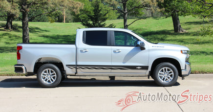 Detailed view of 2019-2026 Chevy Silverado Stripes ROCKER TWO Decals Lower Door Rocker Panel 3M Vinyl Graphics Kit
