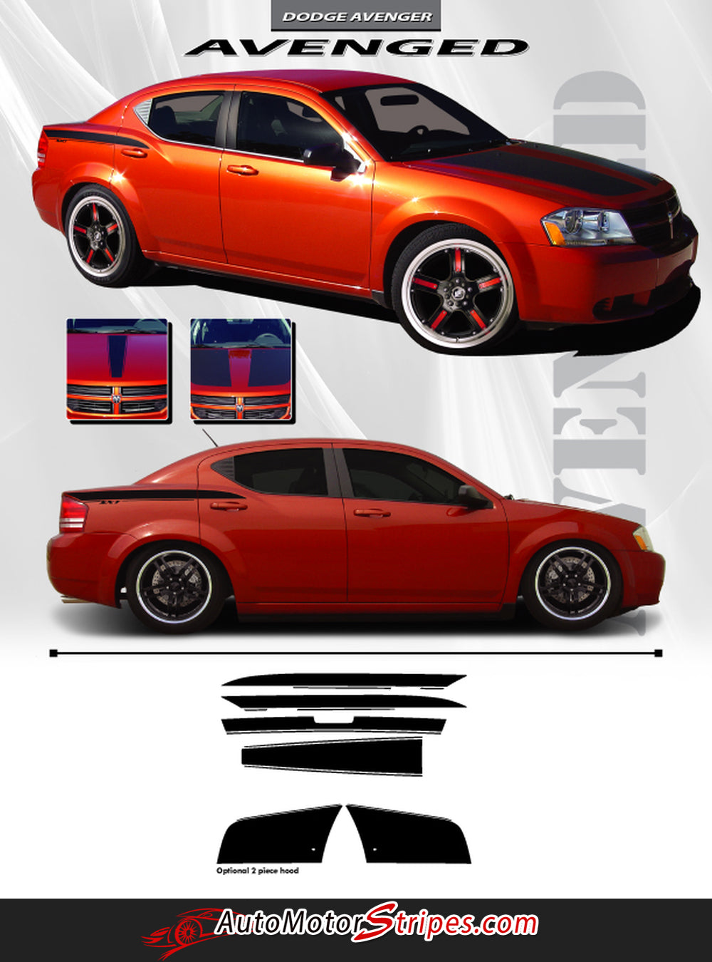 Rocky Mountain Graphics Hood Stripe Decal Kit For 2008-2014 Dodge Avenger - Choose Your Color!
