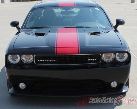 2011-2014 Dodge Challenger Finish Line Mopar Factory Style Redline Rallye Center Racing Vinyl Graphics - Front Hood View