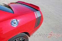 Detailed view of 2011-2023 Dodge Challenger Tailband Factory Mopar Style Bumblebee Scat Pack Rear Trunk Quarter Panel Vinyl Graphics - Red Challenger with Charcoal Stripes