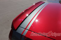 Detailed view of 2011-2023 Dodge Challenger Tailband Factory Mopar Style Bumblebee Scat Pack Rear Trunk Quarter Panel Vinyl Graphics - Red Challenger with Gray Stripes