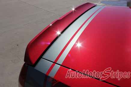 Detailed view of 2011-2023 Dodge Challenger Tailband Factory Mopar Style Bumblebee Scat Pack Rear Trunk Quarter Panel Vinyl Graphics - Red Challenger with Gray Stripes