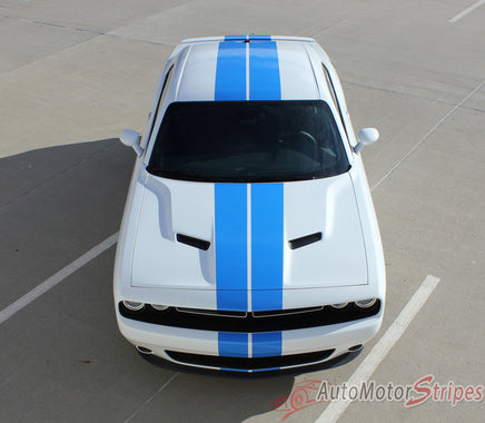 Detailed view of 2015-2023 Dodge Challenger Rally Stripe 15 Mopar Factory OEM Style 10 inch Dual Racing Vinyl Graphics - Front Full View