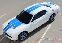 Detailed view of 2015-2023 Dodge Challenger Winged Rally Stripes 15 Mopar Factory Style Wide Hood Racing Vinyl Graphics- Front Side View