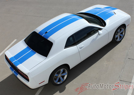 Detailed view of 2015-2023 Dodge Challenger Winged Rally Stripes 15 Mopar Factory Style Wide Hood Racing Vinyl Graphics- Rear Side View