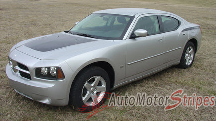 2006-2010 Dodge Charger Chargin 2 Hood Rear Quarter Trunk Blackout Vinyl Stripes  - Driver Side View Matte Black on Silver Paint