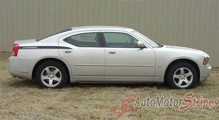 2006-2010 Dodge Charger Chargin 2 Hood Rear Quarter Trunk Blackout Vinyl Stripes  - Side View Matte Black on Silver Paint