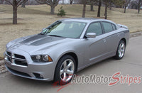 2011-2014 Dodge Charger Split Hood Mopar Factory Style Vinyl Graphics 3M Stripe Decal - Matte Black on Silver Front View