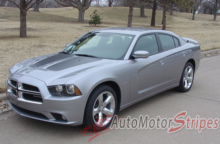 2011-2014 Dodge Charger Split Hood Mopar Factory Style Vinyl Graphics 3M Stripe Decal - Matte Black on Silver Front View