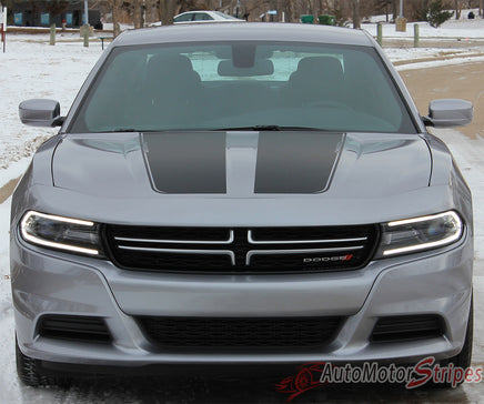 Detailed view of 2015-2023 Dodge Charger Recharge 2 Combo Hood and Door Sides Factory Style Vinyl Graphics - Front Hood View Showing Matte Black on Silver Paint