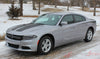 Detailed view of 2015-2023 Dodge Charger Recharge 2 Combo Hood and Door Sides Factory Style Vinyl Graphics - Front Side View Showing Matte Black on Silver Paint