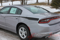 2015 2016 Dodge Charger Recharge 2 Combo Hood and Door Sides Factory Style Vinyl Graphics - Rear Side View Showing Matte Black on Silver Paint