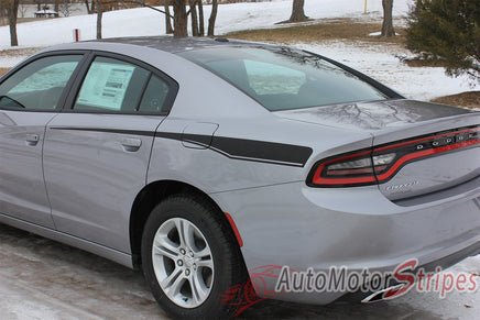 2015 2016 Dodge Charger Recharge 2 Combo Hood and Door Sides Factory Style Vinyl Graphics - Rear Side View Showing Matte Black on Silver Paint