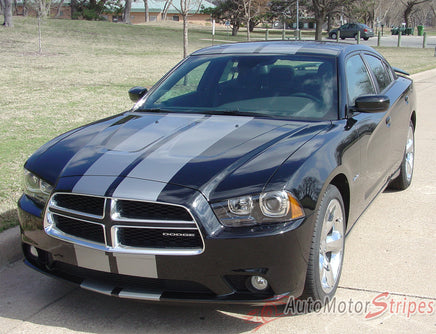 2011-2014 Dodge Charger N-Charge Rally Mopar Style Vinyl Graphic - Silver Metallic on Black Front View