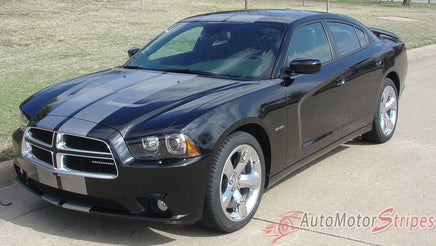 2011-2014 Dodge Charger N-Charge Rally Mopar Style Vinyl Graphic - Silver Metallic on Black Front Hood View