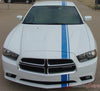2011-2014 Dodge Charger E-Rally Mopar Style Offset Euro Rally Vinyl Graphic Racing Stripes - Front Close View Blue Stripes on White