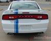 2011-2014 Dodge Charger E-Rally Mopar Style Offset Euro Rally Vinyl Graphic Racing Stripes - Rear Trunk View Blue Stripes on White