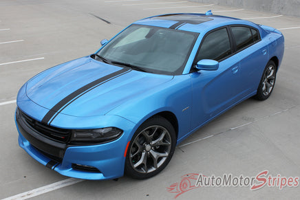 Detailed view of 2015-2023 Dodge Charger E-Rally Euro Style Vinyl Graphics Racing Stripes Kit - Wide Front View Gloss Black on Blue Paint