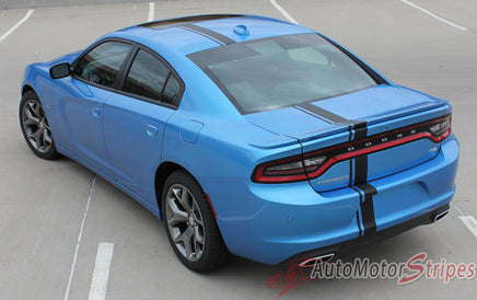 Detailed view of 2015-2023 Dodge Charger E-Rally Euro Style Vinyl Graphics Racing Stripes Kit - Wide Rear View Gloss Black on Blue Paint