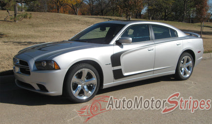 2011-2014 Dodge Charger C-Stripe Mopar Style Vinyl Graphic Racing Stripes - Matte Black on Silver Side View