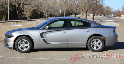 Detailed view of 2015-2023 Dodge Charger C-Stripe Combo Hood and Door Sides Mopar Style Vinyl Graphics - Gloss Black Color Available Side View